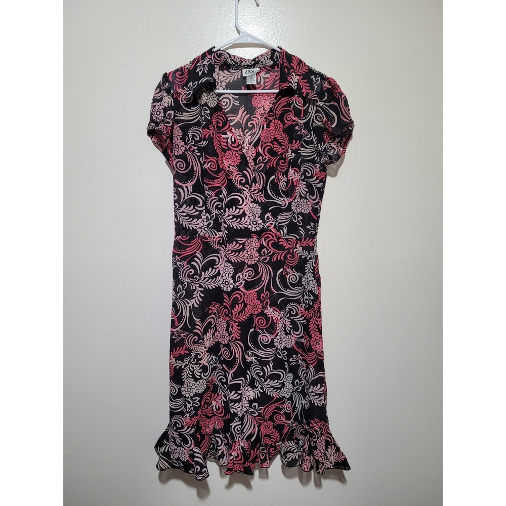 JBS Ltd sheer Faux Wrap Dress‎ Womens 12 Pink Black Floral Paisley Ruffle Hem